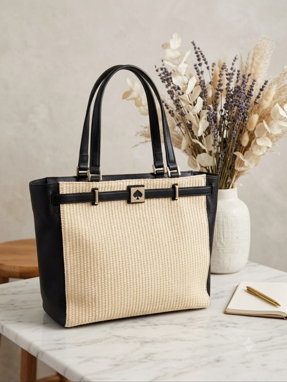 Kate Spade Houston Street Leo Black and Cream Woven Leather-Trim Tote